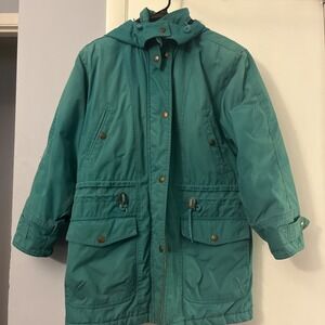 Vintage London Fog Hooded Parka Jacket Teal Zipper Snaps Size M Reg Thermoloft